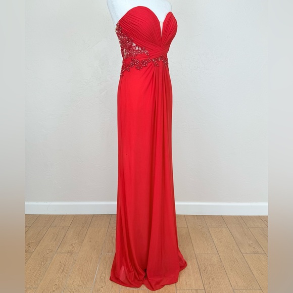 Cache Cherry Red Sheer Floral Back  Strapless Illusion Gown w/ AB Rhinestones 8 - Picture 3 of 16